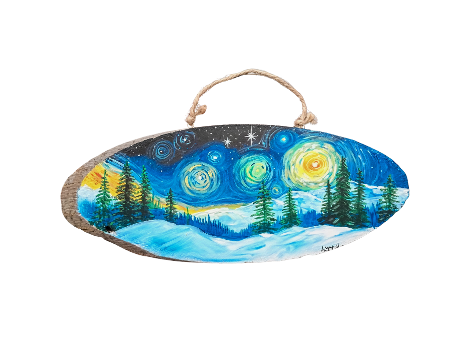 “Starry Night Winter” on wood, BYOB PAINT & SIP with Lisa