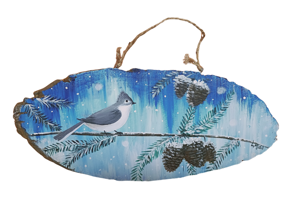 “Winter Titmouse” on wood, a PAINT & SIP EVENT with Lisa